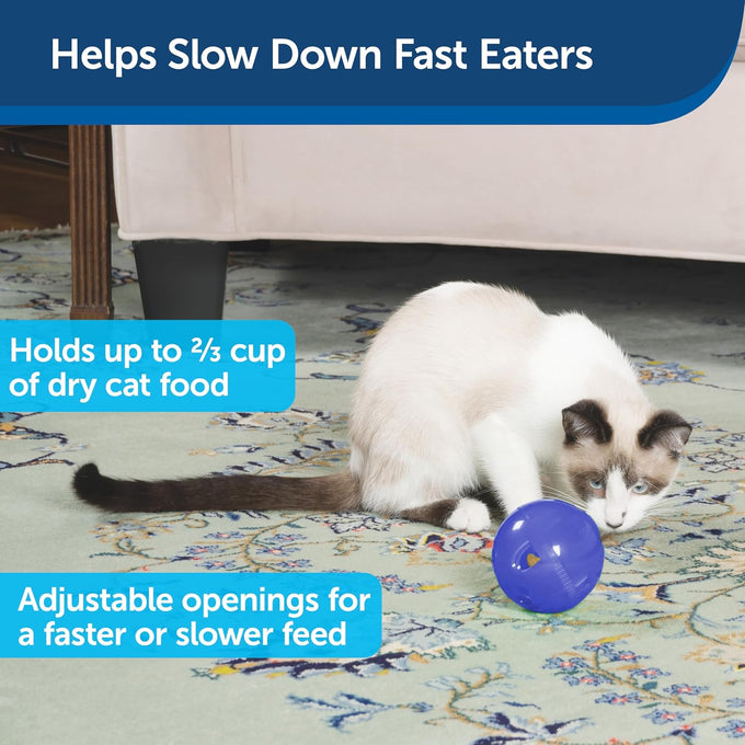 PetSafe Slimcat Slow Feeder Ball for Cats - Interactive Puzzle Game with Adjustable Openings and Portion Control (Blue)