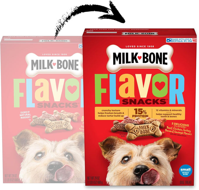 Milk-Bone Flavor Snacks dog treats, small biscuits, 24-ounce box, 5 natural flavors, 15% protein