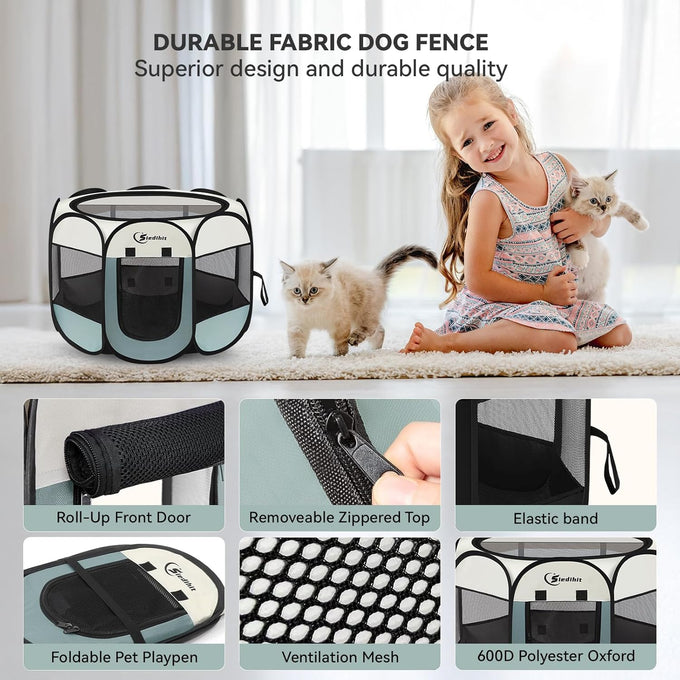 Siedihit grey small dog cat playpen, portable pop up enclosure kennel with carrying case for dogs cats rabbits