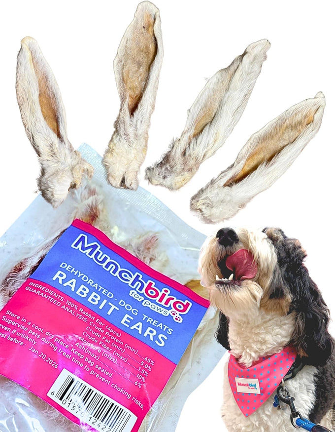 Munchbird Dehydrated Rabbit Ears 100g for Dogs, Natural Fiber, Rawhide Free, European Rabbit Association, France