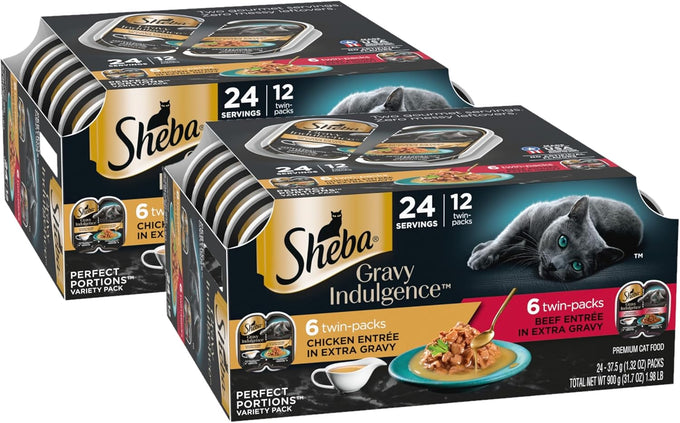 sheba gravy indulgence adult wet cat food beef chicken entree variety pack 2.6 oz twin-pack trays 24 servings