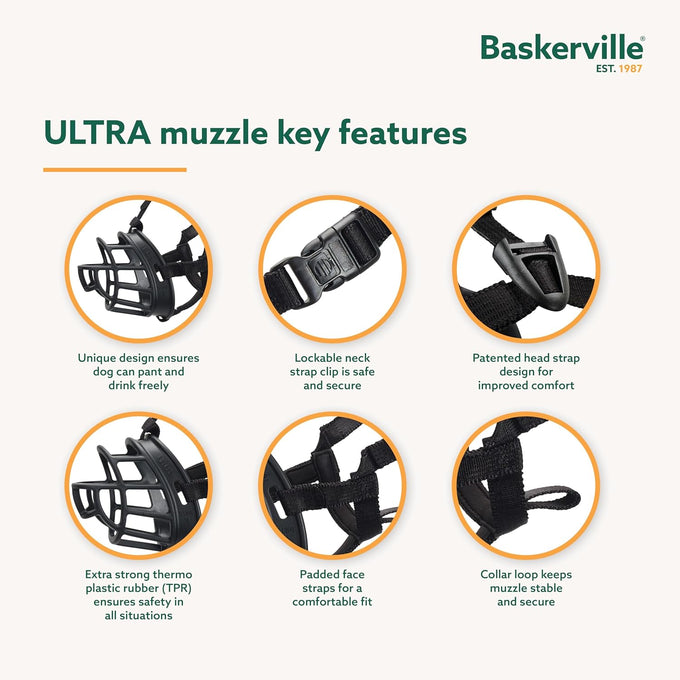 Baskerville Ultra Muzzle, Patented Humane Design, Breathable, Adjustable, Padded, Dog Training Muzzle for Large Dogs, Black, Size 5