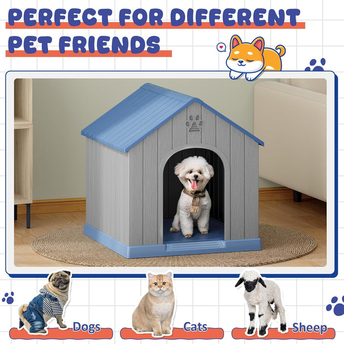 Bifanuo plastic dog house for small to medium dogs, weatherproof design, air vents, elevated floor, easy clean and assemble in blue, 26.18'' L x 24.03'' W x 25.98'' H