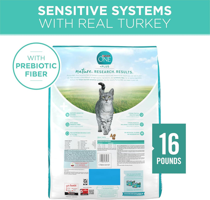 Purina one sensitive stomach cat food, high protein, turkey first ingredient, 16 lb bag, sensitive skin and stomach formula