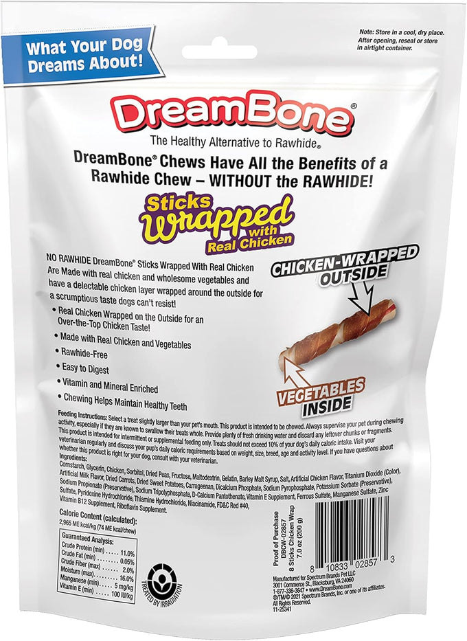DreamBone rawhide-free chicken-wrapped chews for dogs, large 8-count, 8 fun-shaped sticks