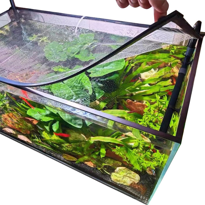 Magnetic aquarium cover mesh for curved fish tanks up to 13.12 feet long, fish-safe and adjustable