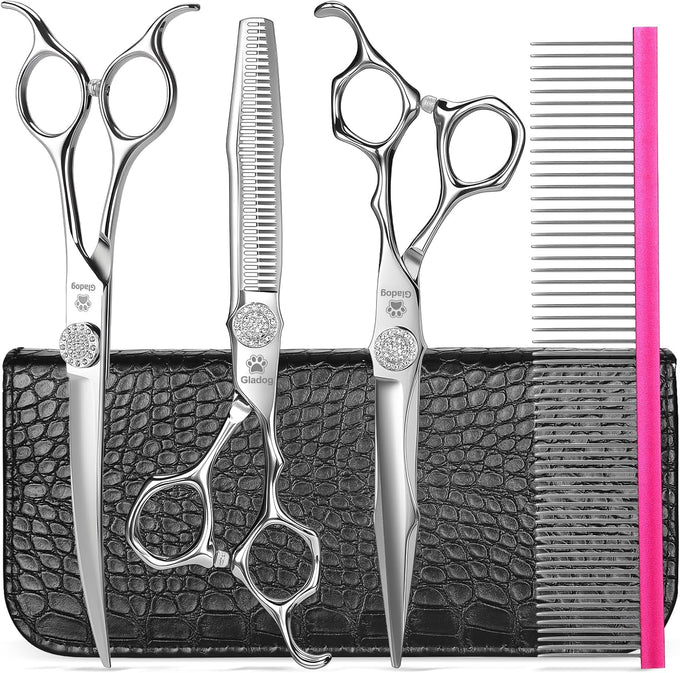 GLADOG Professional 5 in 1 Dog Grooming Scissors Set with Rounded Tips, Sharp and Heavy-duty Pet Grooming Shears for Cats