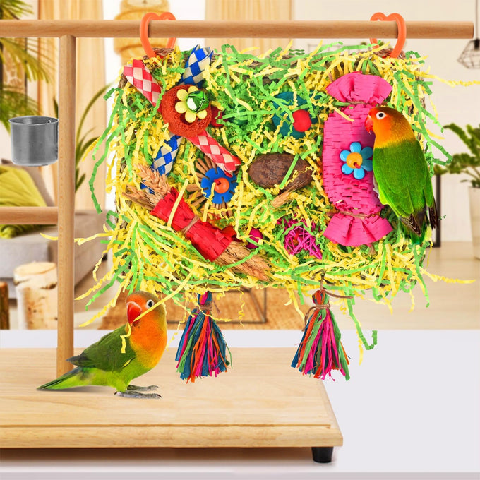 KATUMO Large-Sized Grass Mat with Colorful Parrot Foraging Shredder Hanging Toys for Conure Birds