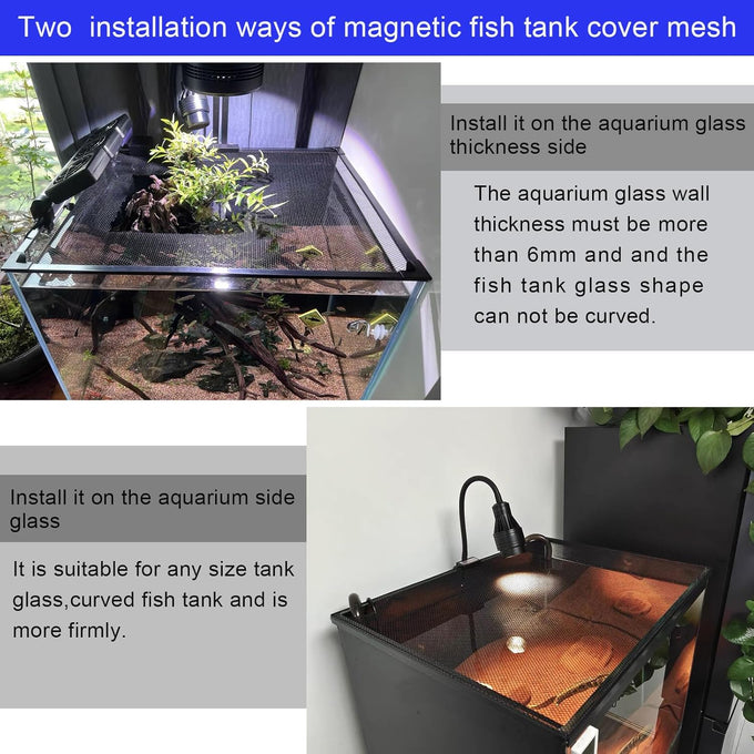 Magnetic aquarium cover mesh for curved fish tanks up to 13.12 feet long, fish-safe and adjustable