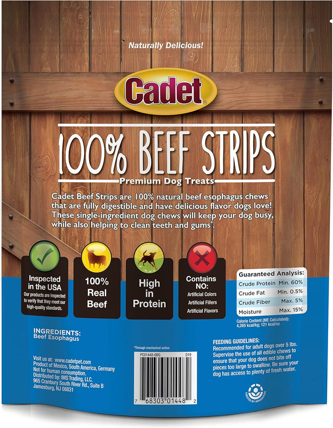 Cadet 100% Beef Strips Dog Treats, Single Ingredient, High Protein Rawhide Alternative for Small & Large Dogs, 8 Ounce