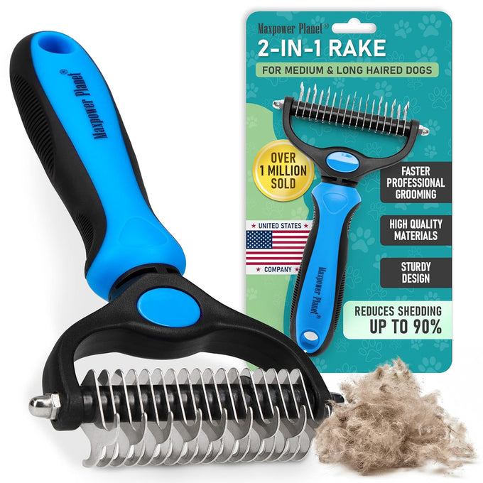 Maxpower planet original pet grooming rake - dual-sided deshedding dematting tool with extra-wide dog grooming brush for long hair, reduces shedding 95%