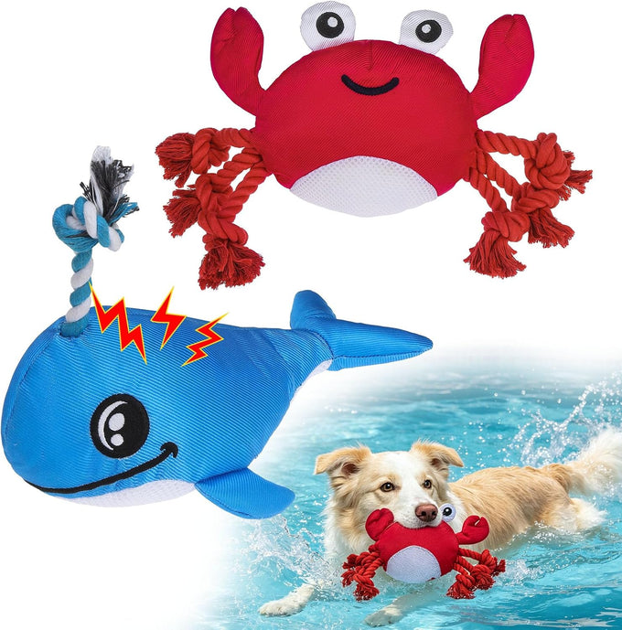 Beautyzoo floating dog water pool toys 2 pack, squeaky whale & crab design, medium/large dogs, durable summer water dog toy