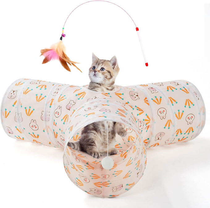 Tempcore 3-way collapsible cat tunnel for indoor cats, kittens, and small pets with peek hole and ball toy