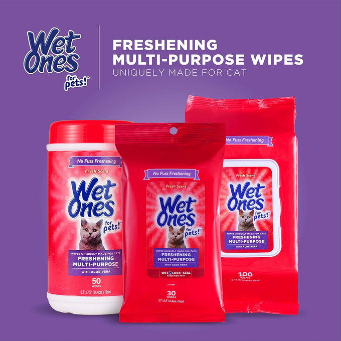 Wet Ones for Cats Freshening Wipes, multi-purpose cat grooming wipes with aloe vera, gentle cleaning, 50 count