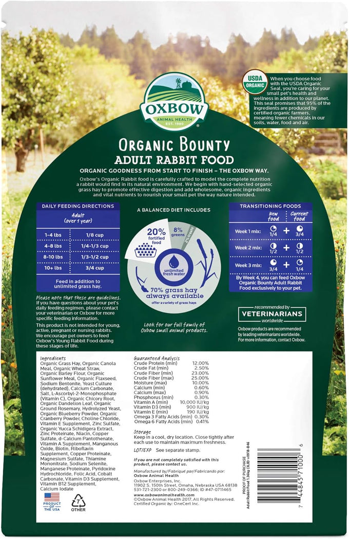 oxbow organic bounty adult rabbit food - 3 lb. - all natural rabbit pellets made in usa