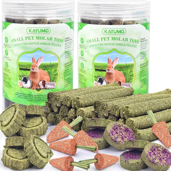 KATUMO 24PCS natural rabbit chew treats, timothy hay sticks, carrot sticks, healthy bunny toys, small animal chews