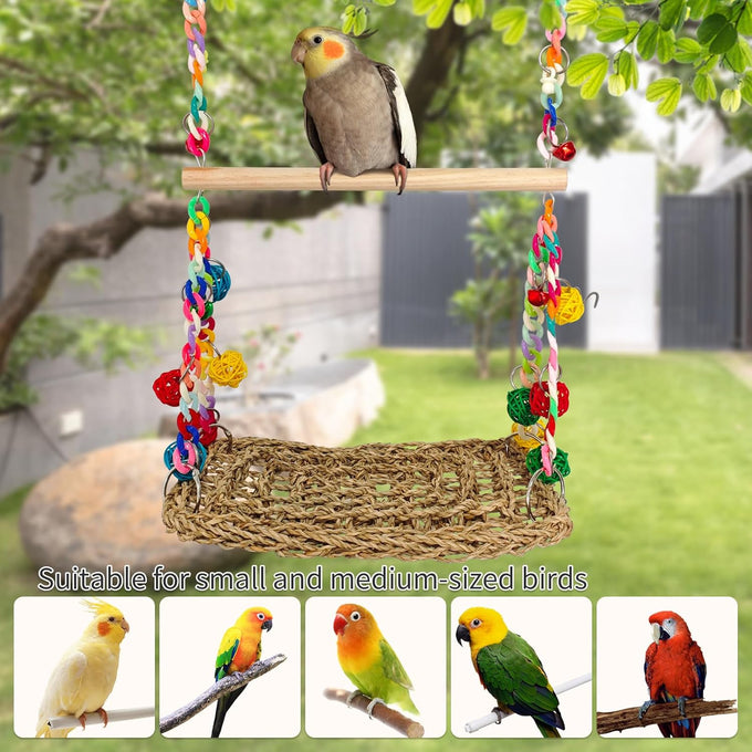 Natural Bird Swing Toys with Wood Perch for Parakeets, Budgies, Conures, Cockatiels, Lovebirds
