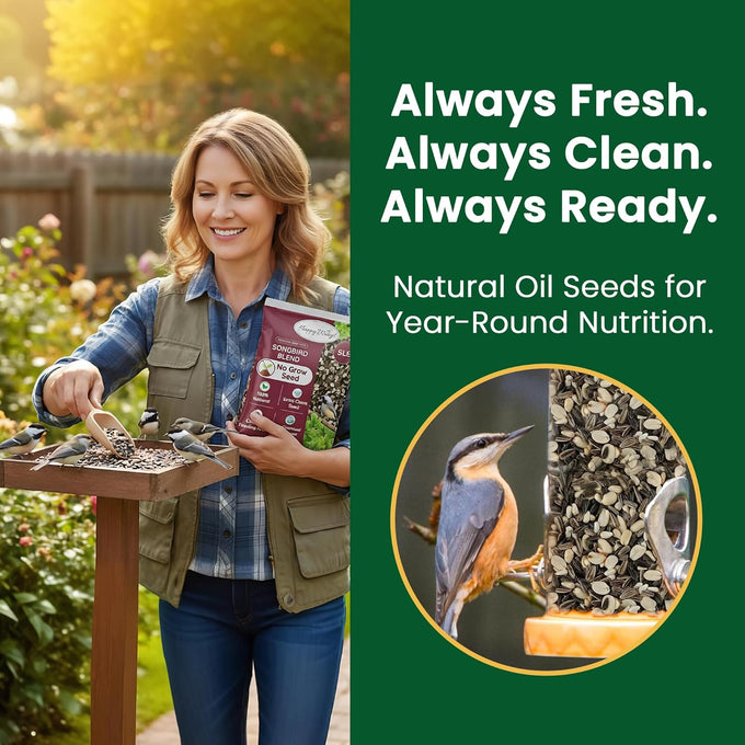 Happy Wings 5lb No Grow Songbird Bird Seed Mix with Sunflower, Safflower & Peanuts for Outside Feeders