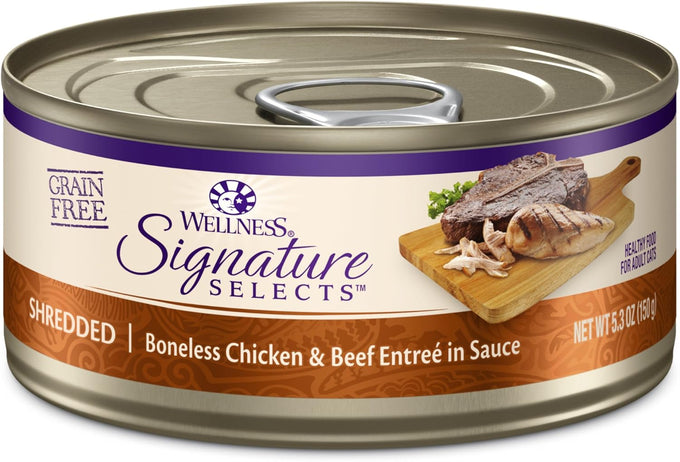Wellness CORE Signature Selects Shredded Adult Canned Wet Cat Food, Grain Free, Chicken and Beef Entrée Recipe, 12 Cans