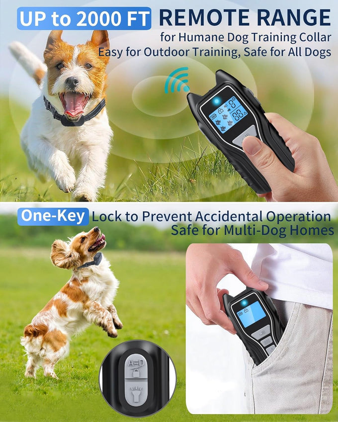 Dog training collar with remote, waterproof, adjustable control, beep and vibration modes, 2000FT range, rechargeable, fits small medium large dogs 15–120 lbs (Black)