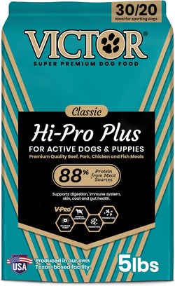 VICTOR Super Premium Dog Food – Hi-Pro Plus Dry Kibble – High Protein Dog Food with 30% Protein – Beef, Chicken, Pork, Fish Meals, Gluten Free - for High Energy and Active Dogs & Puppies, 5lbs