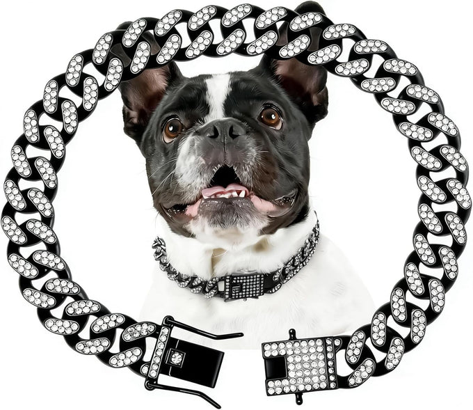 Silver 13mm Wide Metal Dog Chain Collar with Zirconia Diamond Decoration, 10 Inch, Not Adjustable