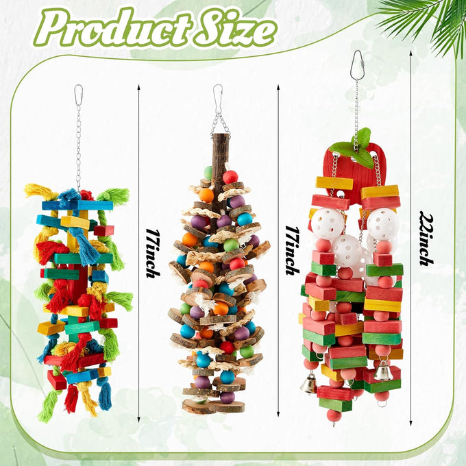 seenelling 3pcs large multicolored wooden parrot cage chewing toys for macaws african greys cockatoos