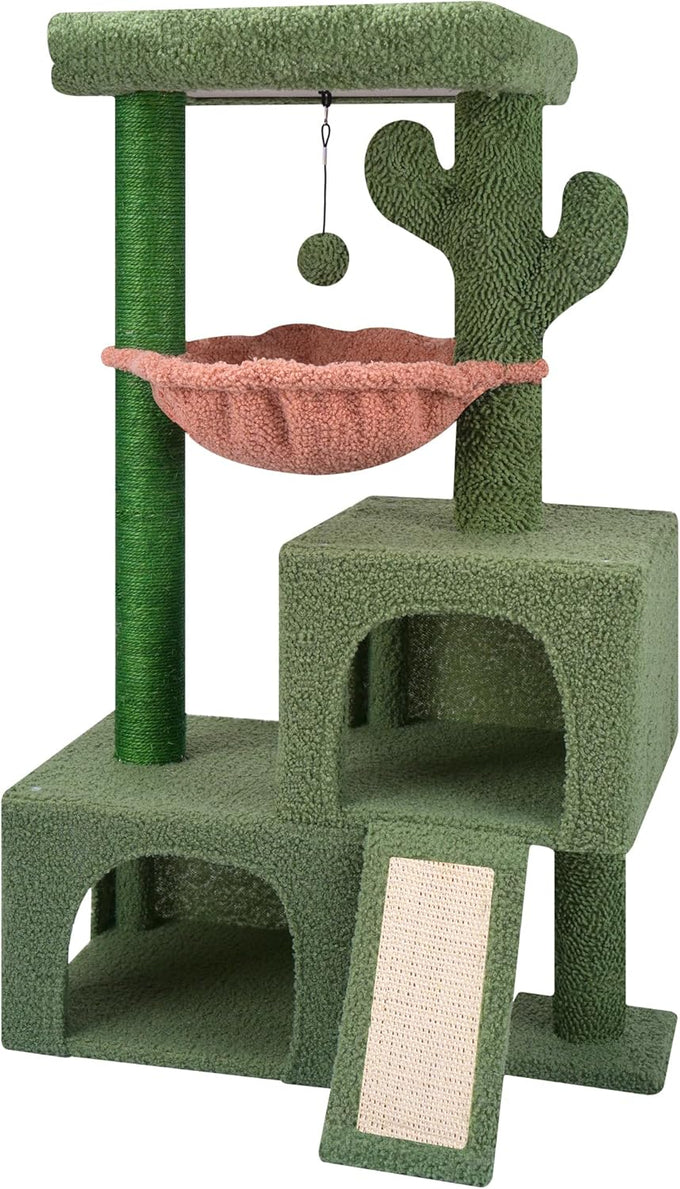 ROYPET green cactus cat tree tower for indoor cats with condos, scratching post, hammock and toy balls