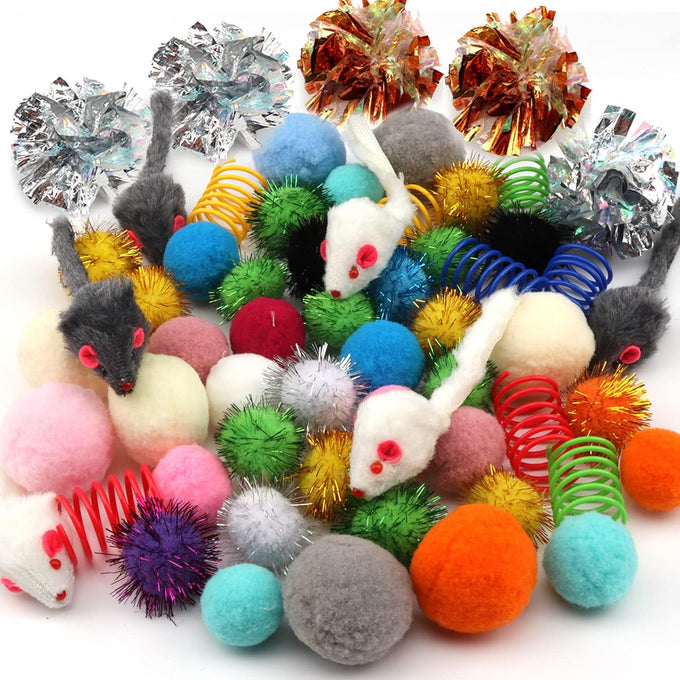 60-piece assorted cat toy set with kitten, mouse, crinkle, and pom pom balls