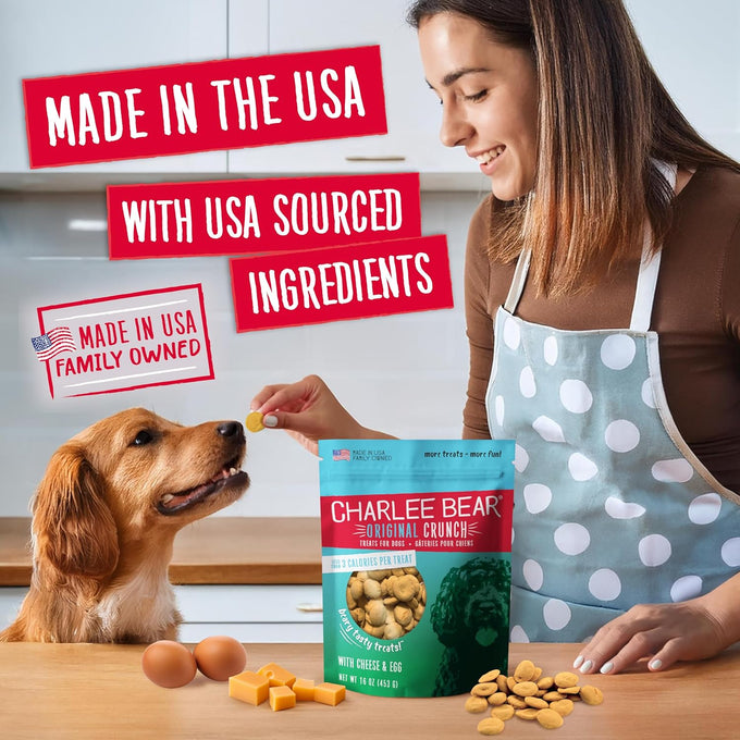 Charlee Bear Original Crunch Dog Treats, Cheese and Egg, 16 Ounce Resealable Bag, Low Calorie, Healthy Training Snacks for Dogs