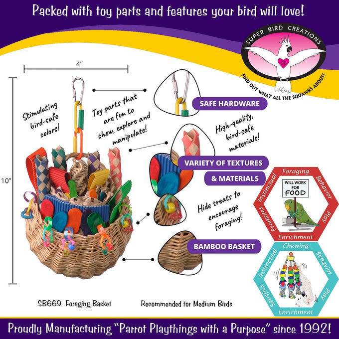 super bird creations sb669 wicker foraging basket bird toy for medium parrots, 10” x 4” x 5”
