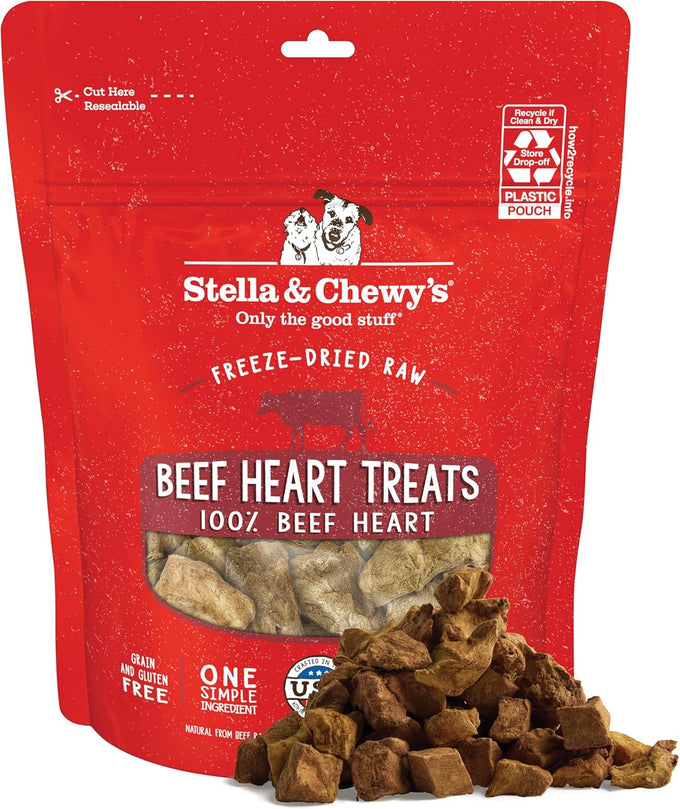 Stella & Chewy's premium freeze-dried raw beef heart dog treats, single ingredient, no additives, 3oz bag, perfect for training and picky eaters