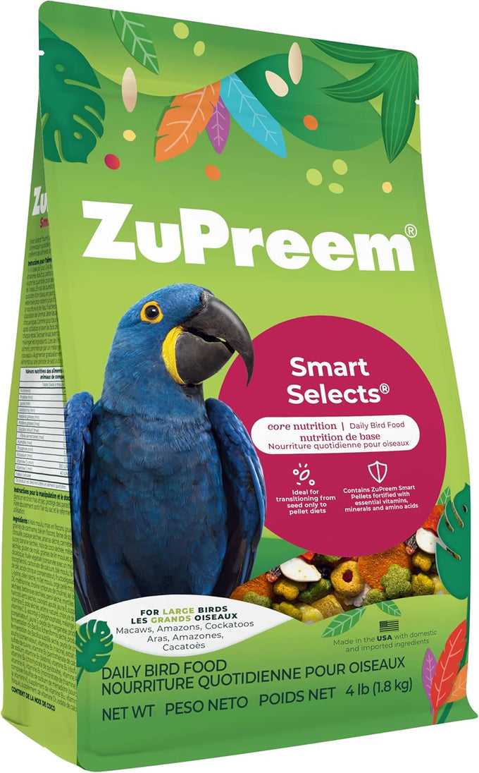 ZuPreem Smart Selects Large Bird Food, Cockatoo, Macaw, and Amazon Diet, Pellet and Seed Blend, Made in USA, 4 lb Bag, Large