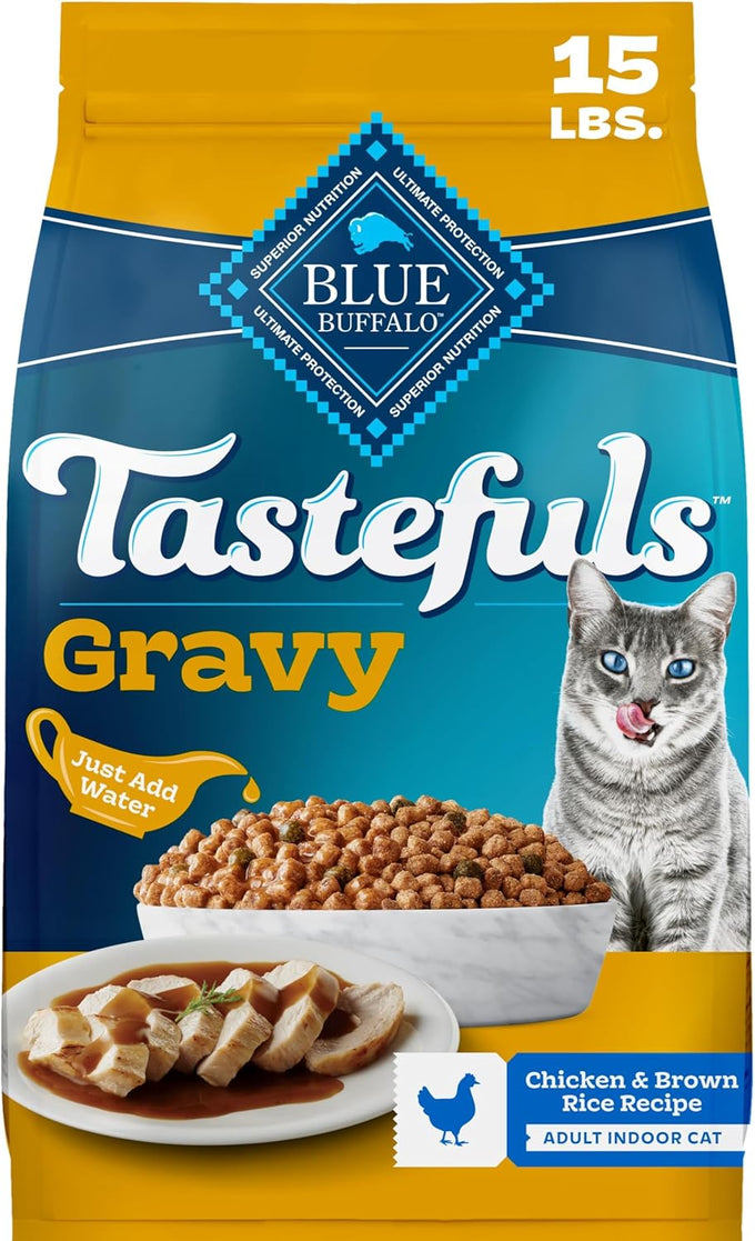 Blue Buffalo Tastefuls Irresistible Gravy Experience adult cat food, 15 lbs, with real chicken, brown rice, for digestion & coat health