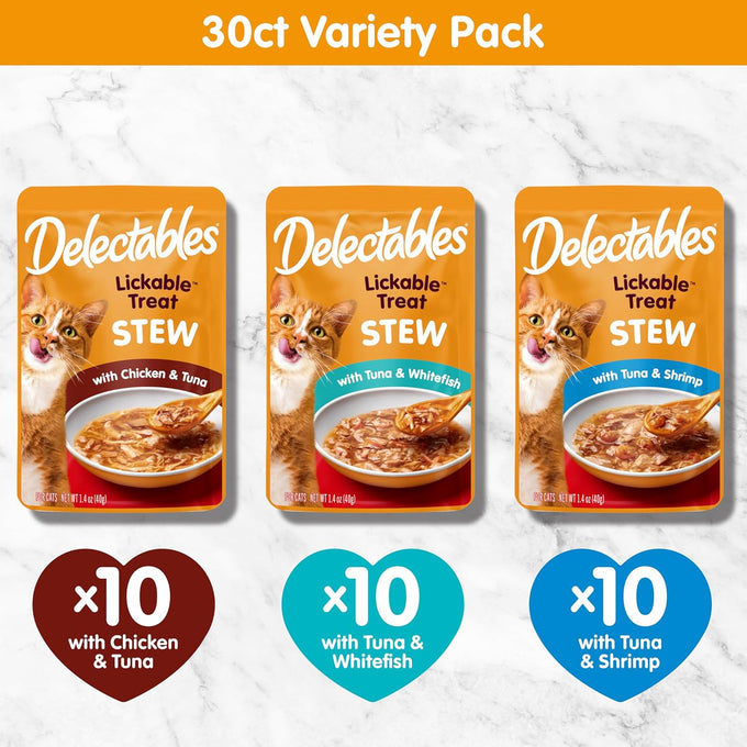 Delectables Lickable Treat Stew Wet Cat Treat Variety Pack, Grain-Free, 30ct, 1.4oz Pouch