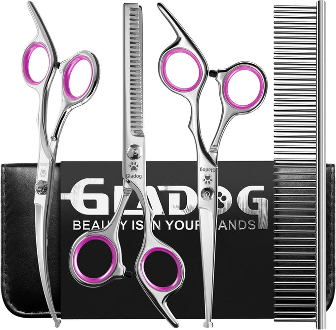 GLADOG Professional 5 in 1 Dog Grooming Scissors Set with Rounded Tips, Sharp and Heavy-duty Pet Grooming Shears for Cats