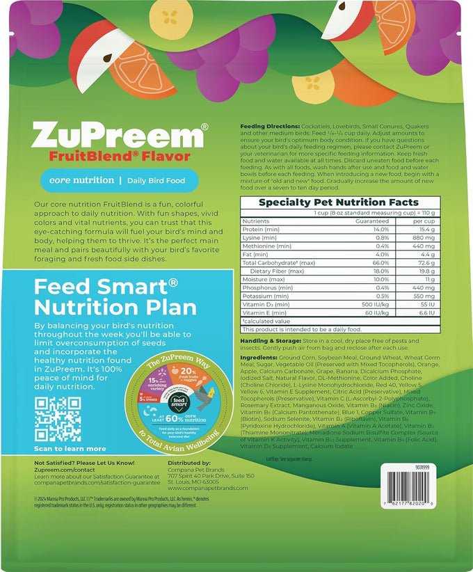 ZuPreem FruitBlend Bird Food for Cockatiels, Quakers, Small Conures, Lovebirds, Lorikeets, Core Nutrition with Natural Fruit, 2 lb Bag, Medium Pellet Size