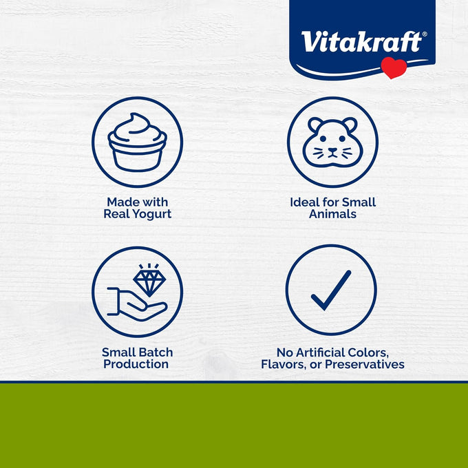 Vitakraft vanilla yogurt drops for rabbits guinea pigs and hamsters, real yogurt whey protein, no artificial colors flavors or preservatives