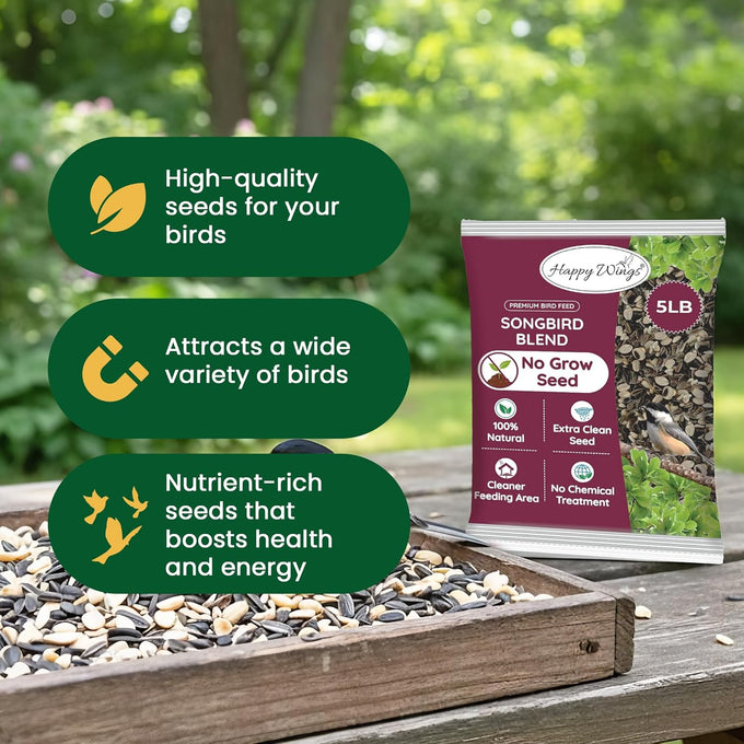 Happy Wings 5lb No Grow Songbird Bird Seed Mix with Sunflower, Safflower & Peanuts for Outside Feeders
