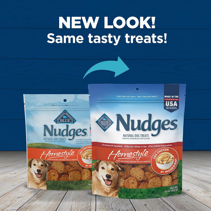 blue buffalo nudges homestyle natural dog treats, usa made, real chicken, 16 oz bag