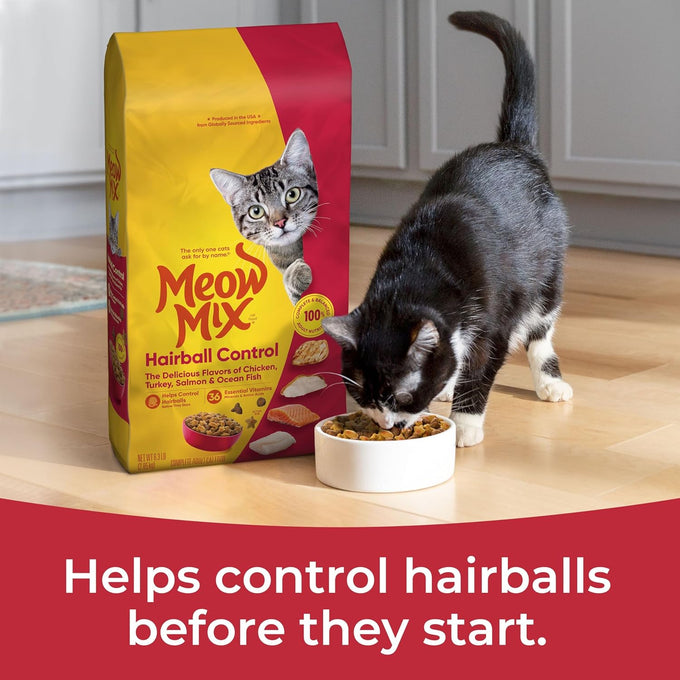 Meow Mix Adult Cat Hairball Control Dry Food, 6.3 lb Bag, Chicken, Turkey, Salmon, Ocean Fish