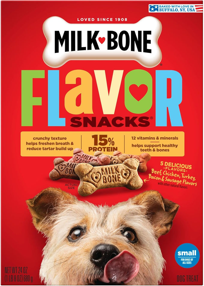 Milk-Bone Flavor Snacks dog treats, small biscuits, 24-ounce box, 5 natural flavors, 15% protein