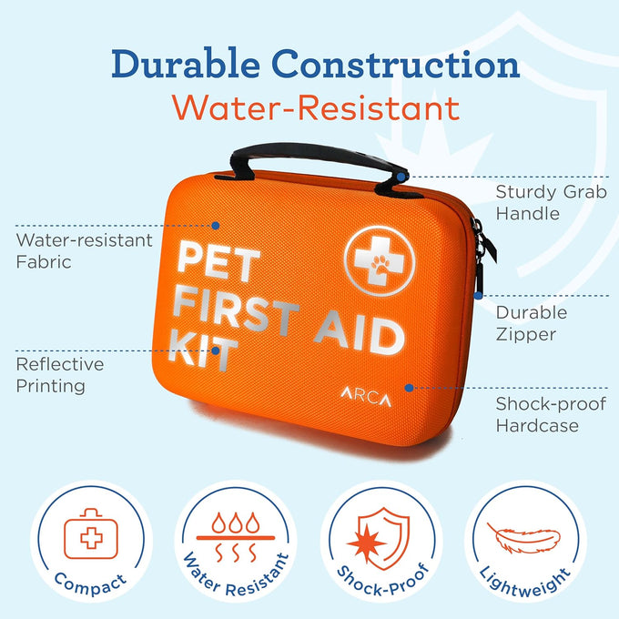 Arca Pet dog & cat first aid kit, vet-endorsed travel essentials with digital thermometer, muzzle, & mini first aid pouch