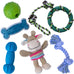 rocket & rex natural rubber and cotton dog chew toy set for small breeds, 6 pack assortment toy bundle