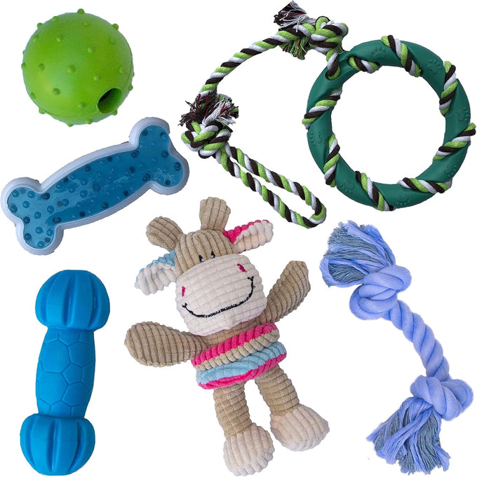 rocket & rex natural rubber and cotton dog chew toy set for small breeds, 6 pack assortment toy bundle