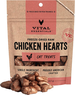 Vital Essentials single-ingredient freeze-dried raw chicken hearts cat treats, premium quality, grain free, 0.8 oz bag