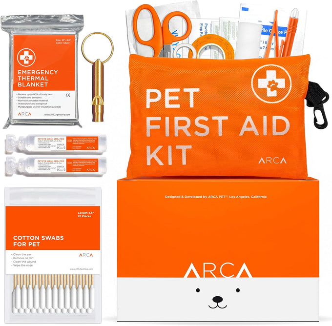 Arca Pet dog & cat first aid kit, vet-endorsed travel essentials with digital thermometer, muzzle, & mini first aid pouch