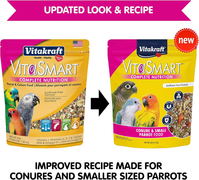 Vitakraft VitaSmart Conure Small Parrot Food 4 Pound Bag premium bird food mix with real vegetables and fruits