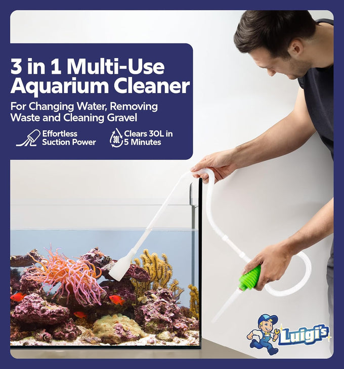 Luigi's Aquarium Gravel Vacuum for Water Changes and Cleaning - Hand Siphon Hose with Filter - Turtle Tank Accessories