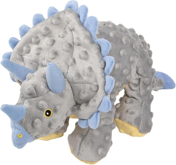 goDog Dinos Frills Squeaky Plush Dog Toy with Chew Guard Technology, durable fabric, for active play, gray, large